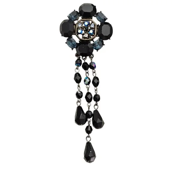 Givenchy Blue Black Rhinestone Cross Round Brooch Dangle Tassel Pin, Signed L992